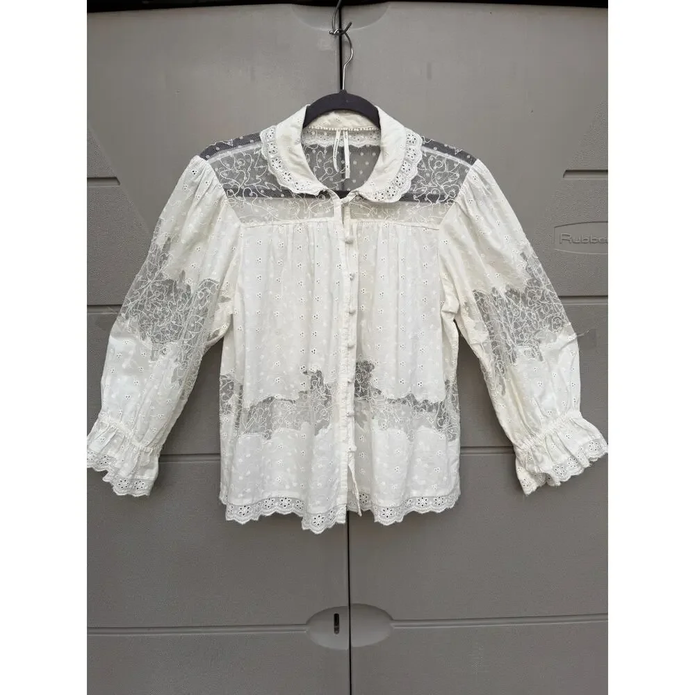 Anthropologie Ivory Mixed Lace Blouse Eyelet Sz MP Cottagecore Romantic Feminine